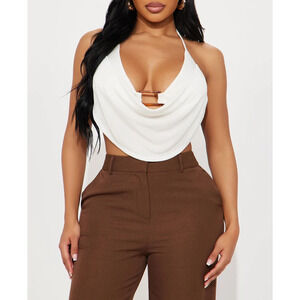 Cowl Neck White Tie-Neck Draped Halter Top – Bar Accent, women's top-sz medium